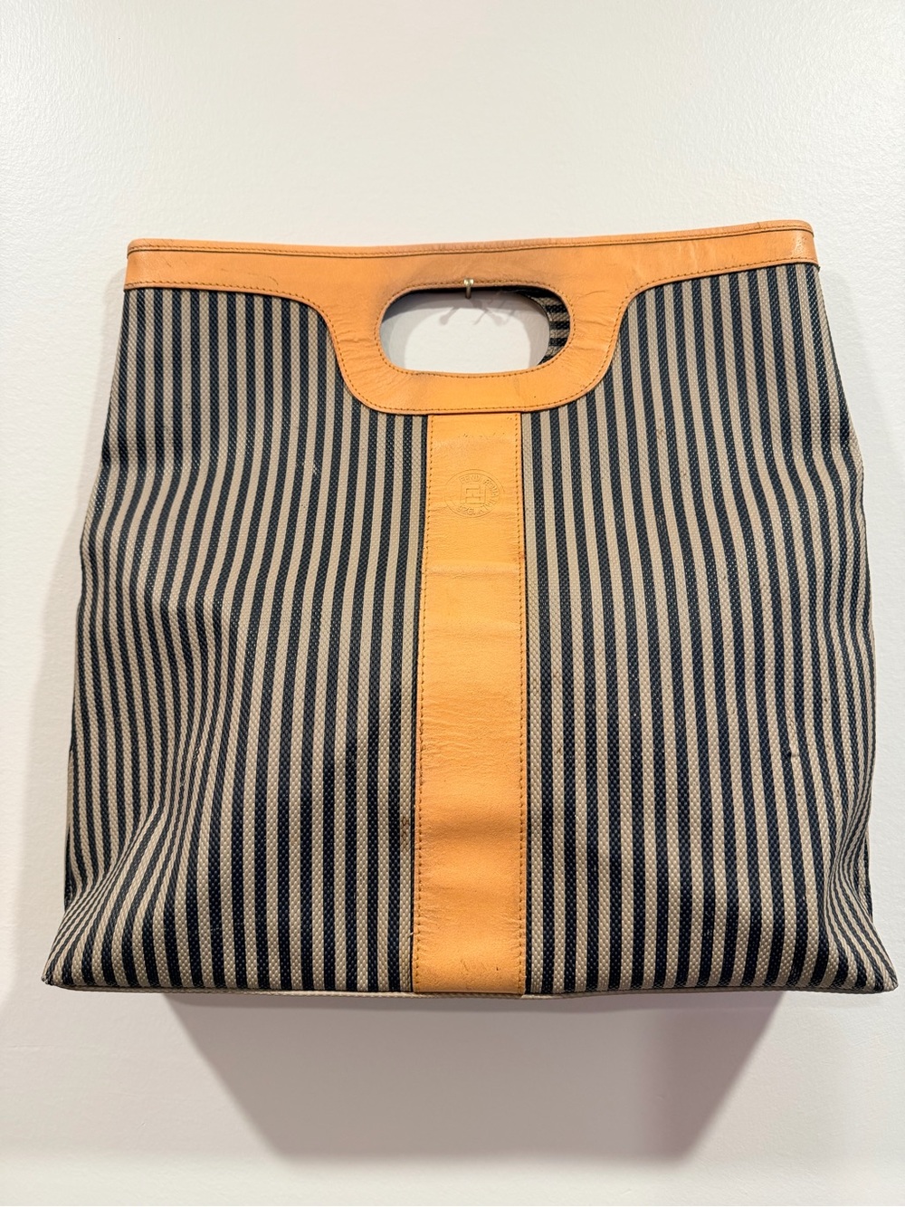 Vintage Fendi Pequin Stripe Cutout Handle Tote Bag Leather Y2K